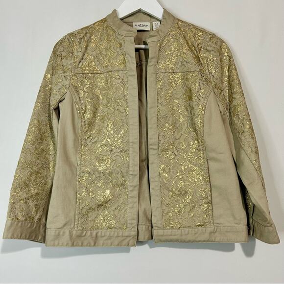 Chico’s Women’s Platinum Khaki Denim Floral Gold Metallic Jacket Size Small EUC - Picture 1 of 8